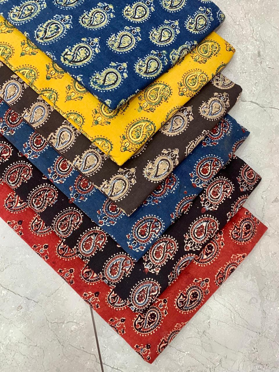 Ajrakh pure cotton handblock printed fabric with jaal pattern in traditional colour palette